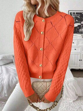 Coral Orange Casual Women's Hollow-Out Cable Knit Diamond Pattern Cardigan
